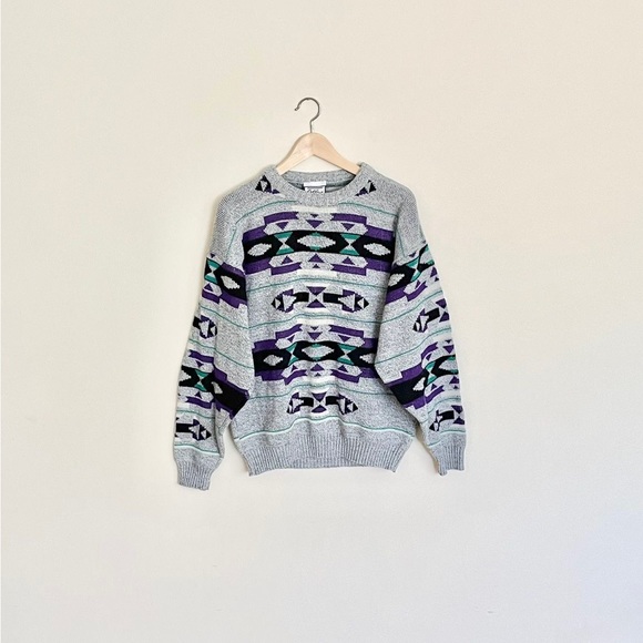 Vintage 80s Bollini Southwest Geometric Teal Purple Gray Sweater Men’s Large